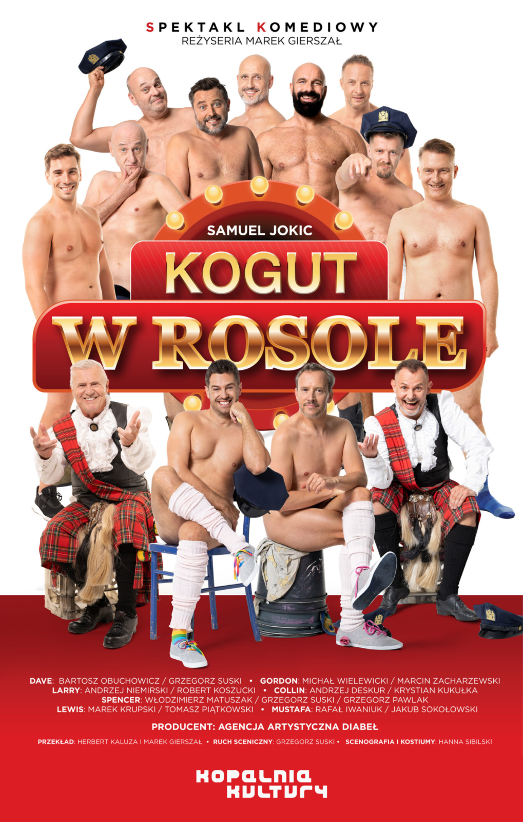 Grupa nagich mężczyzn zakrytych tytułem spektaklu na biało czerwonym tle